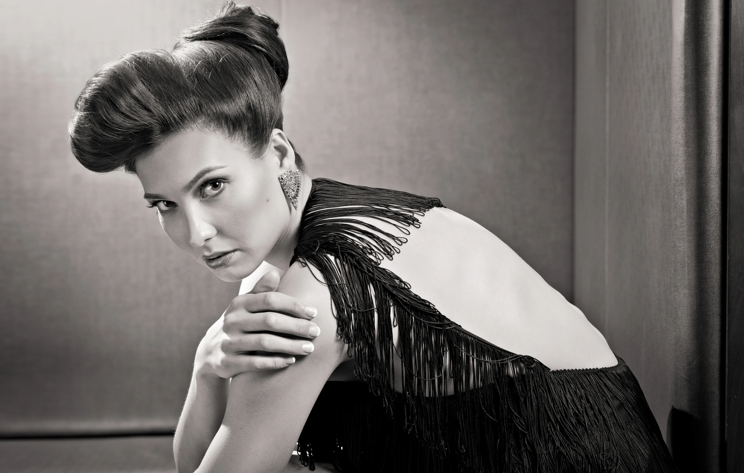 Black-and-white beauty photograph for David Rios Salon