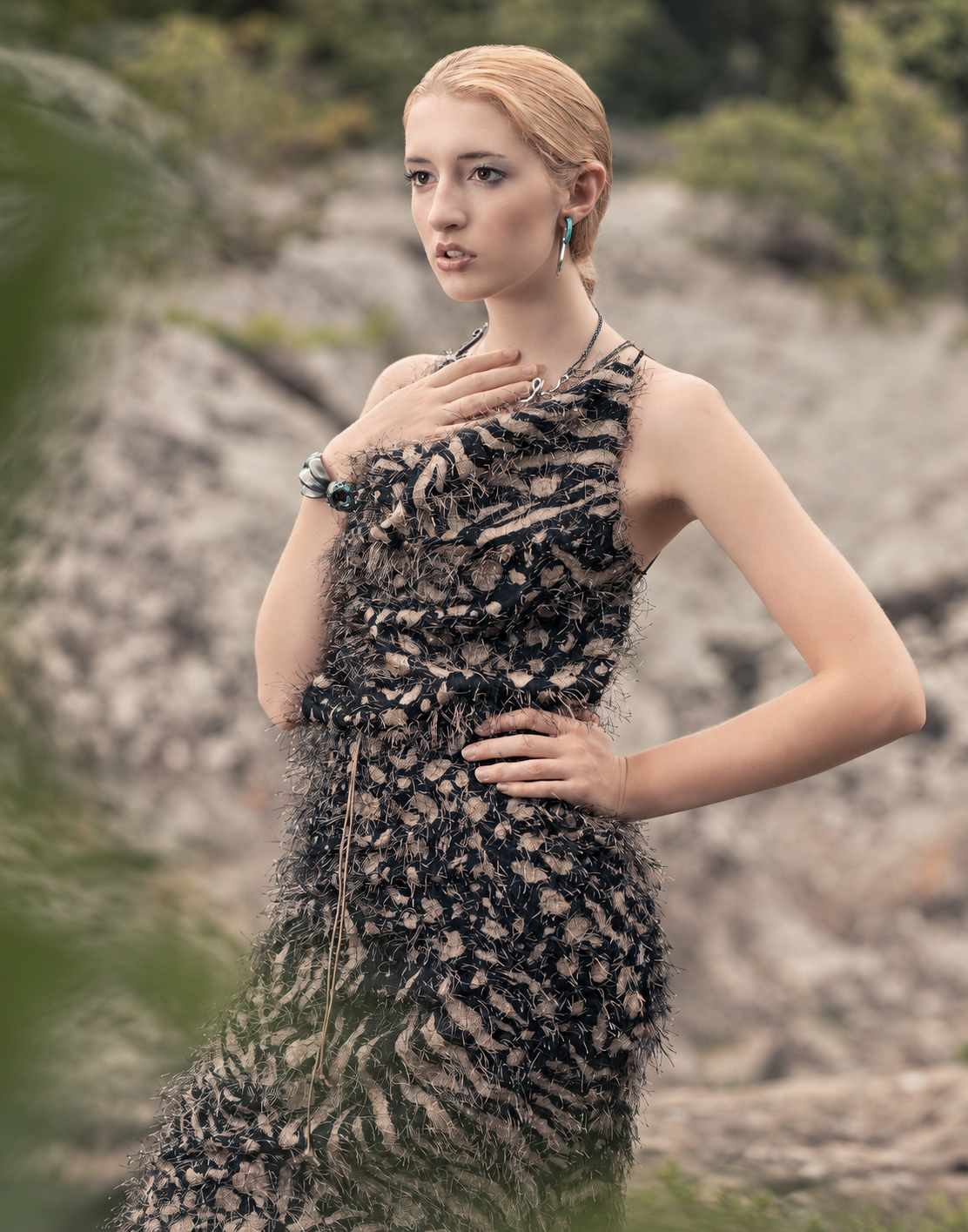Shana Kroiz jewelry styled with a textured dress in an outdoor fashion portrait