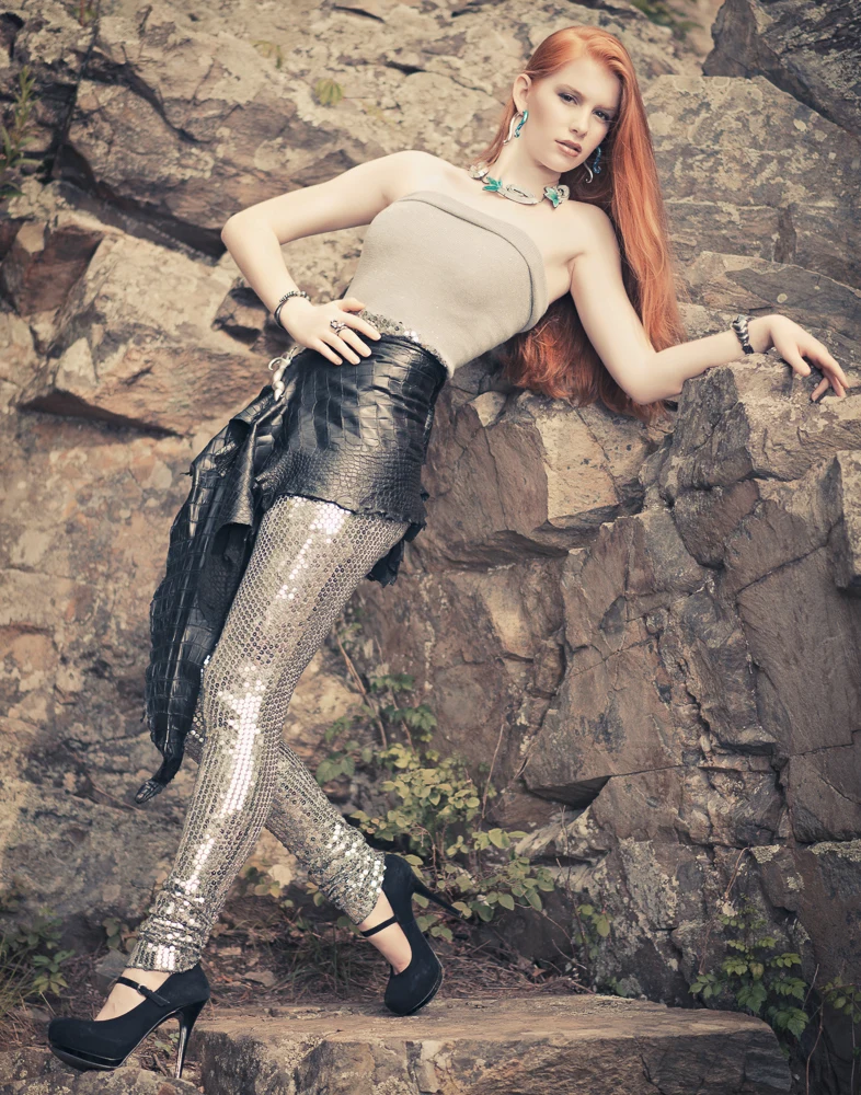 Falls Park editorial — fashion portrait against rocks