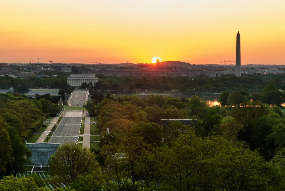 Wide-Angle of the Sunrise with the Lincoln Memorial and the Washington Monument in View