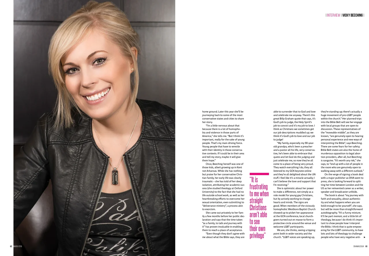 Published DIVA editorial spread with a close portrait of Vicky Beeching