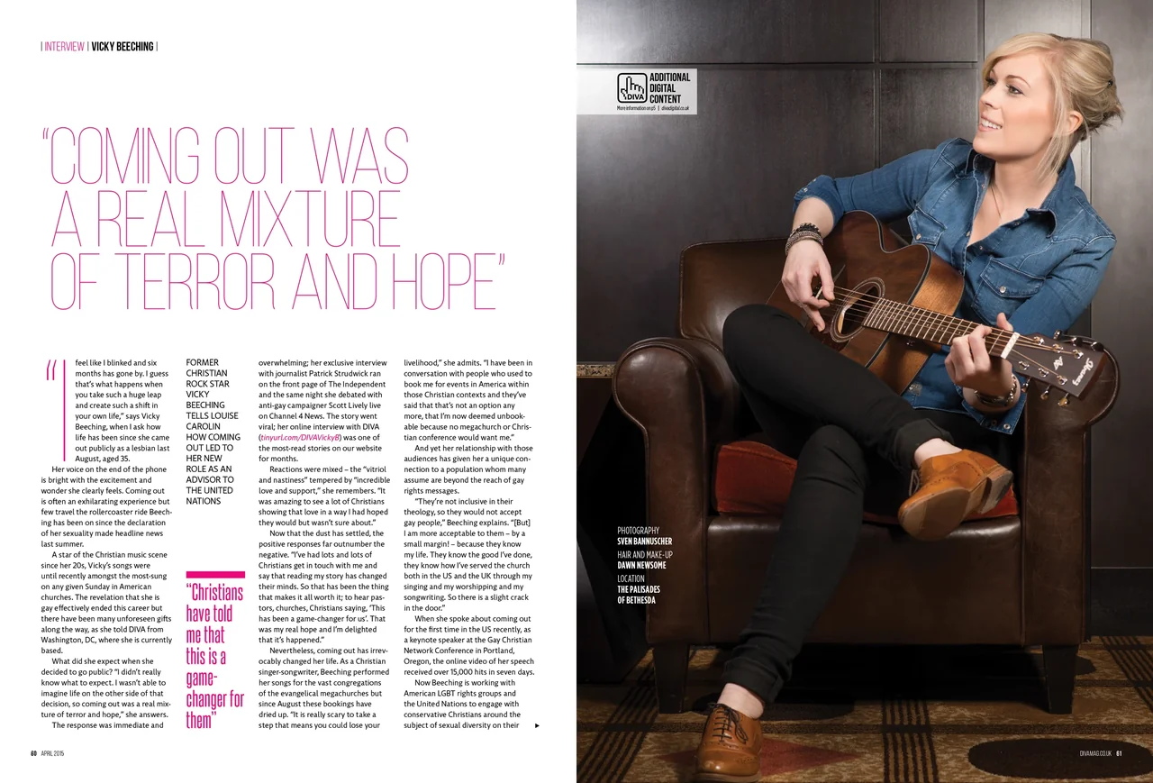 Published DIVA editorial spread with Vicky Beeching seated playing guitar